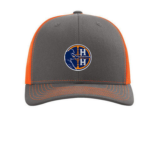 Hats, a Charcoal/ Neon Orange Printed Snapback Trucker Cap