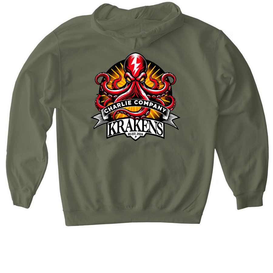 Kraken Logo Sweatshirts, a Military Green Gildan Softstyle Pullover Hoodie (back-view)
