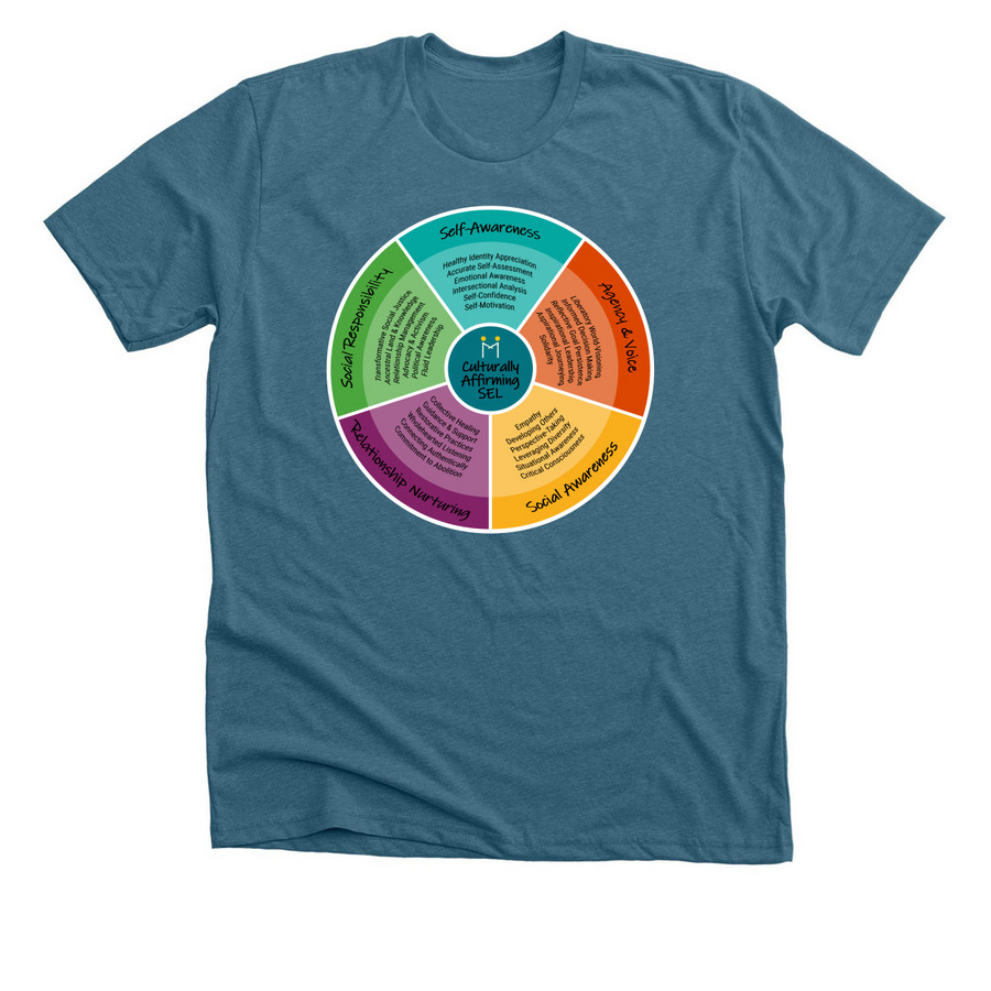 Morningside's Culturally Affirming SEL Wheel, a Heather Deep Teal Premium Unisex Tee