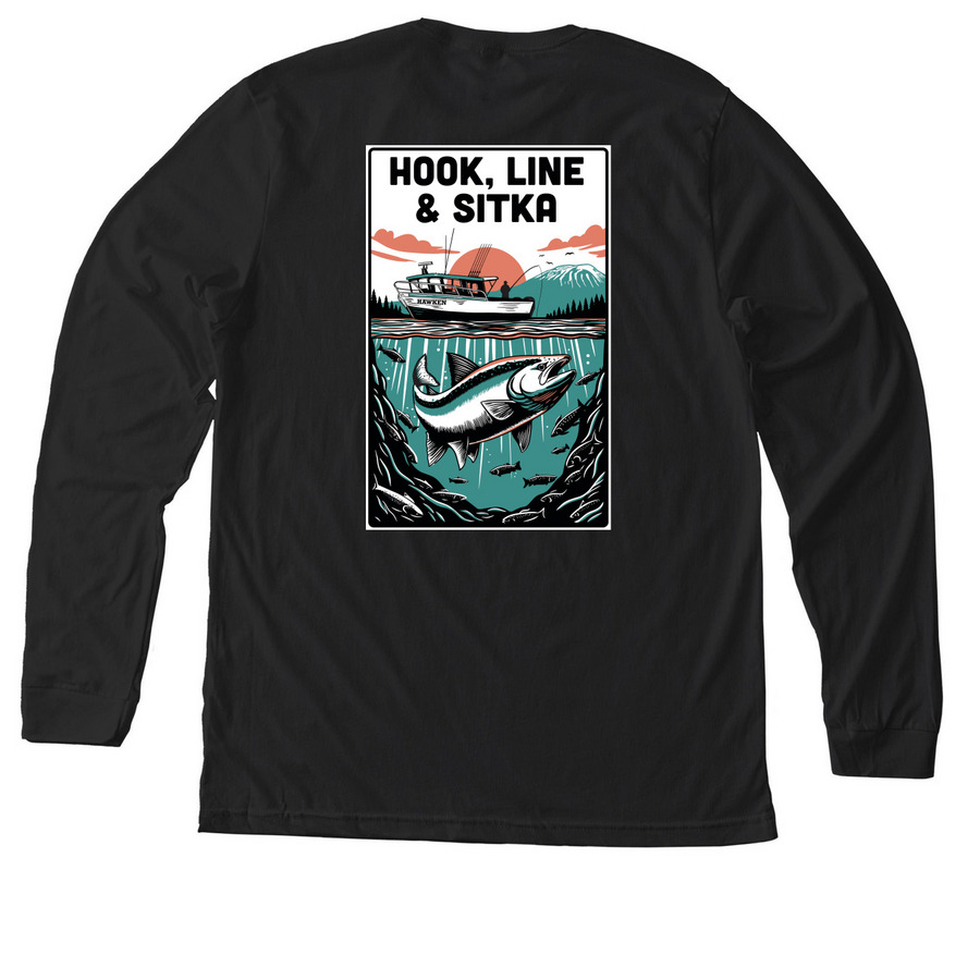 Hook, Line & Sitka Custom Merch, a Solid Black Blend Premium Long Sleeve Tee (back-view)