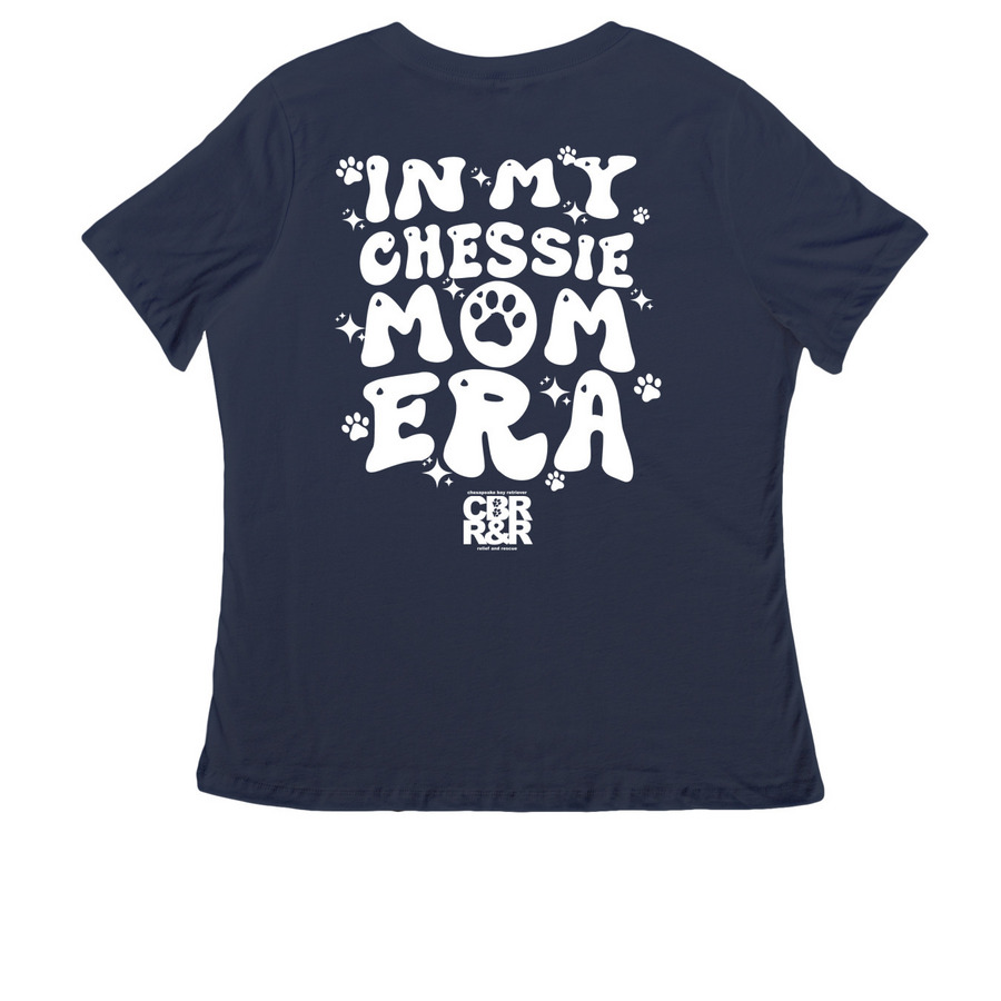 In My Chessie Mom Era (Design on back White), a Navy Women's Relaxed V-Neck Tee (back-view)