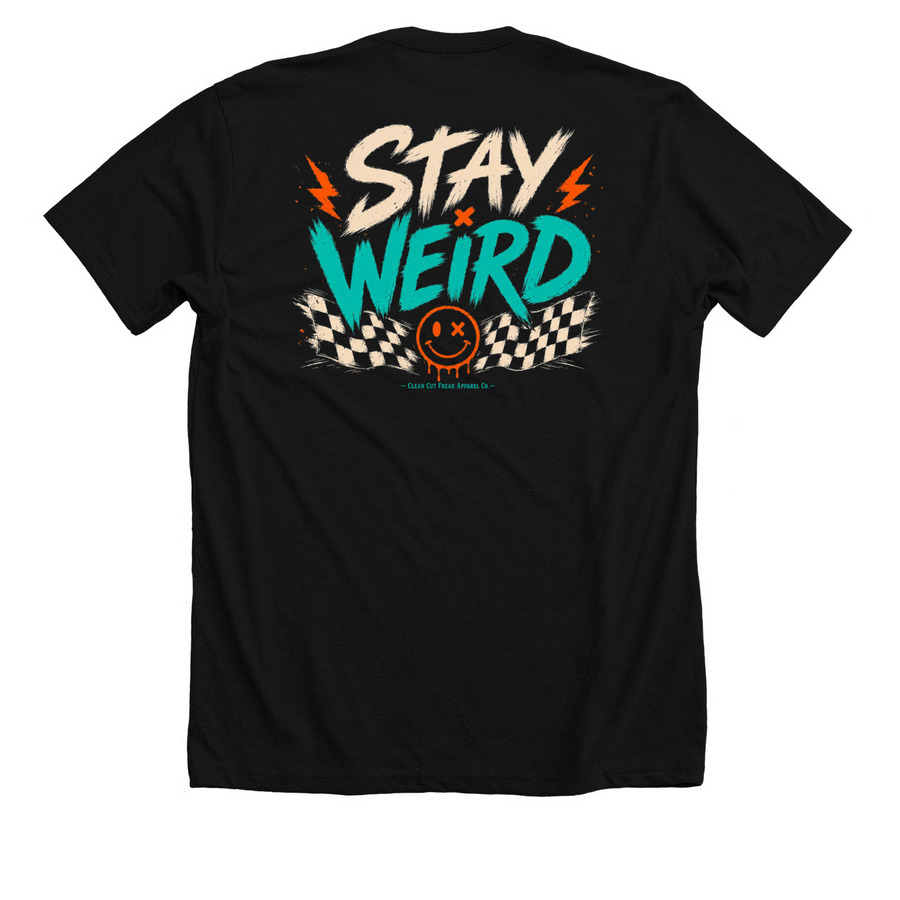 Stay Weird&nbsp;, a Solid Black Blend Premium Unisex Tee (back-view)