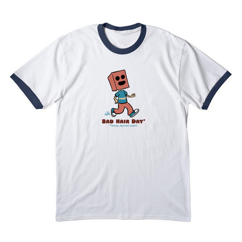 Baghead Bad Hair Day, a White/ Navy Cotton Ringer Tee