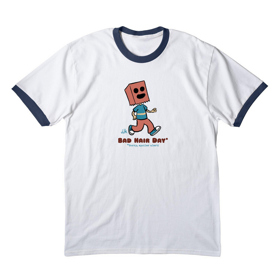 Baghead Bad Hair Day, a White/ Navy Cotton Ringer Tee