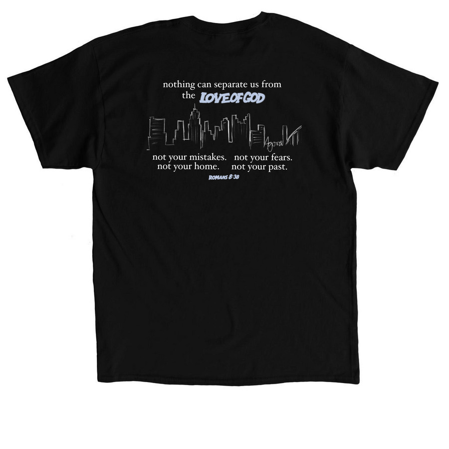 Romans 8:38 what can separate us?, a Black Classic Unisex Tee (back-view)