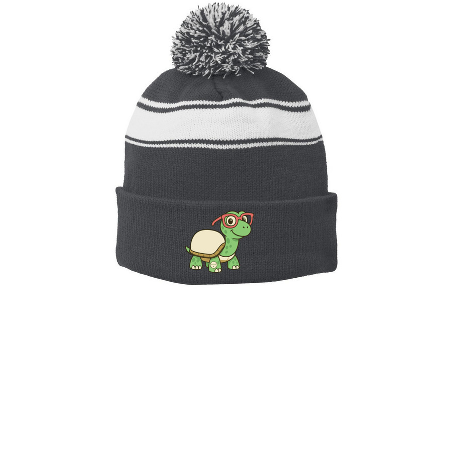Lilly's Pancreas Pacers 2026, a Iron Grey/ White Printed Stripe Pom-Pom Beanie