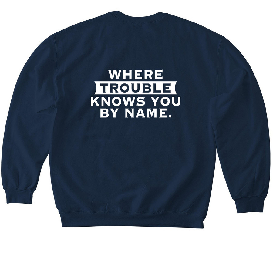 Deringer's Trouble Apparel, a Navy Softstyle Crewneck Sweatshirt (back-view)