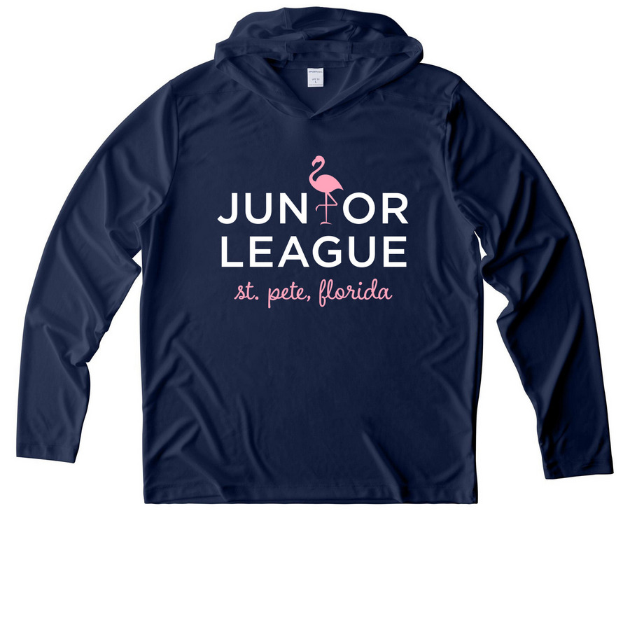 JLSP Pink Flamingo UV Long Sleeve Hoodie, a True Navy UV Performance Long Sleeve Hoodie