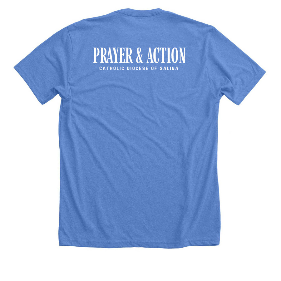 Prayer & Action 2026, a Heather Columbia Blue Premium Unisex Tee (back-view)