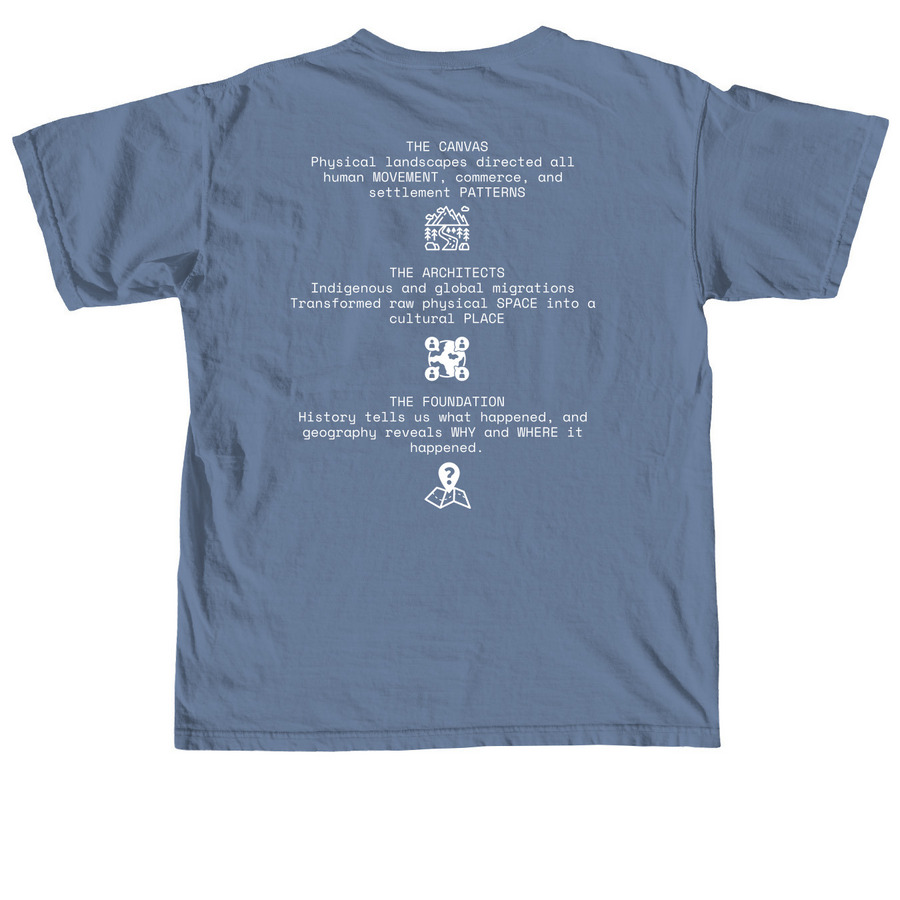 Geography Creates History, a Blue Jean Comfort Colors Unisex Tee (back-view)