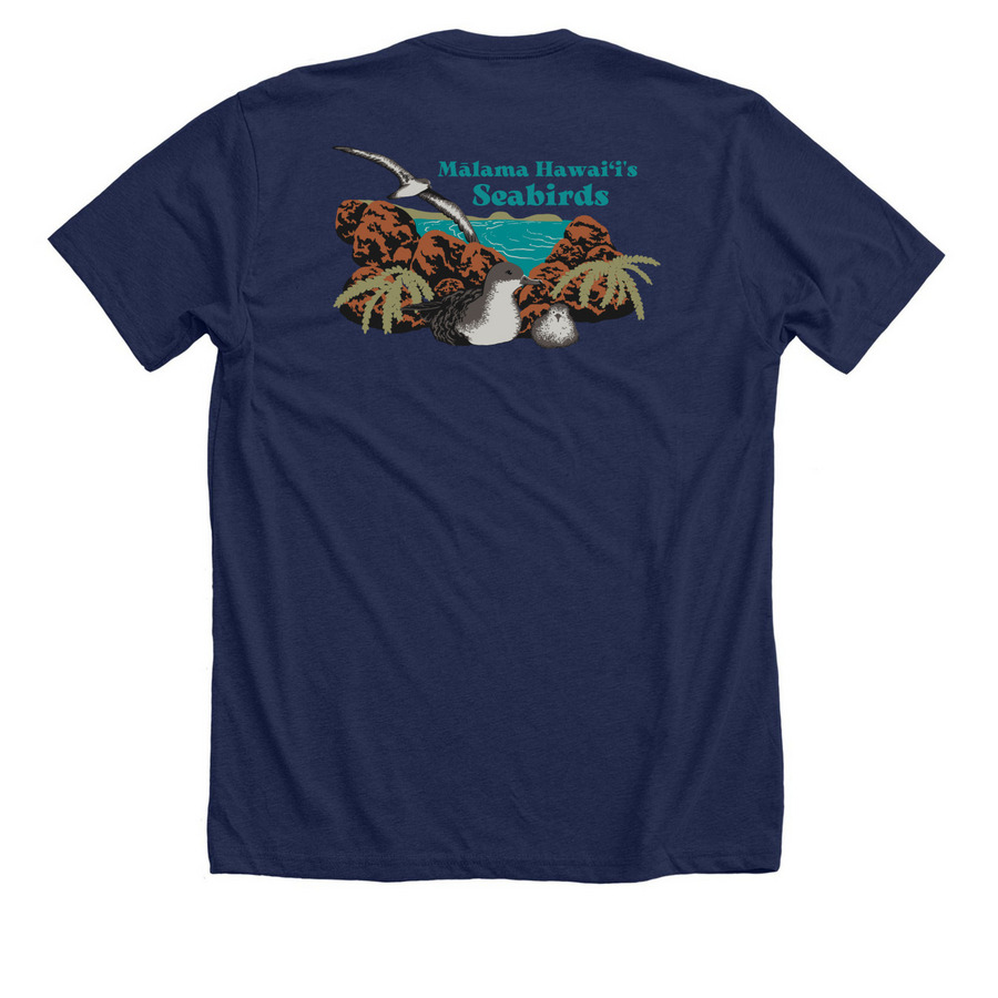 M?lama Hawai?i's Seabirds with Logo, a Solid Navy Blend Premium Unisex Tee (back-view)