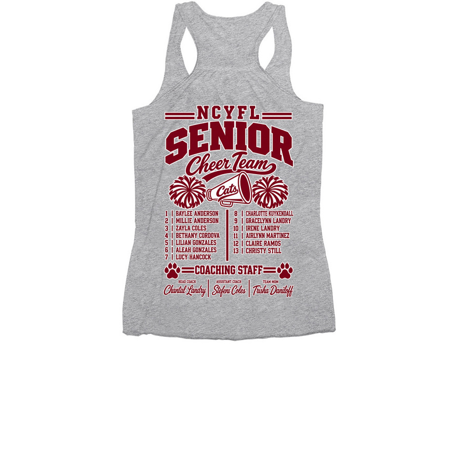 SENIOR CHEER ROSTER, a Athletic Heather Women's Racerback (back-view)