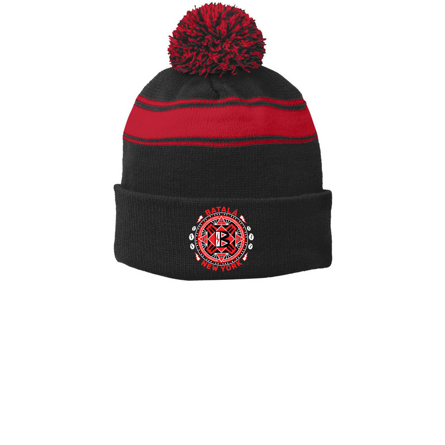 BNY Beanie Pom Hat, a Black/ True Red Printed Stripe Pom-Pom Beanie