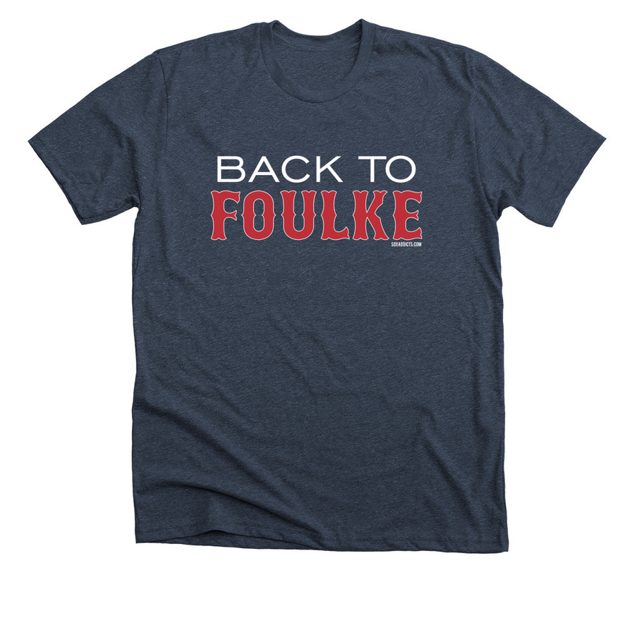 Back 2 Foulke, a Heather Midnight Navy Premium Unisex Tee