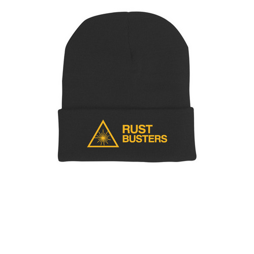 RUST BUSTERS, a Black Printed Cuffed Beanie