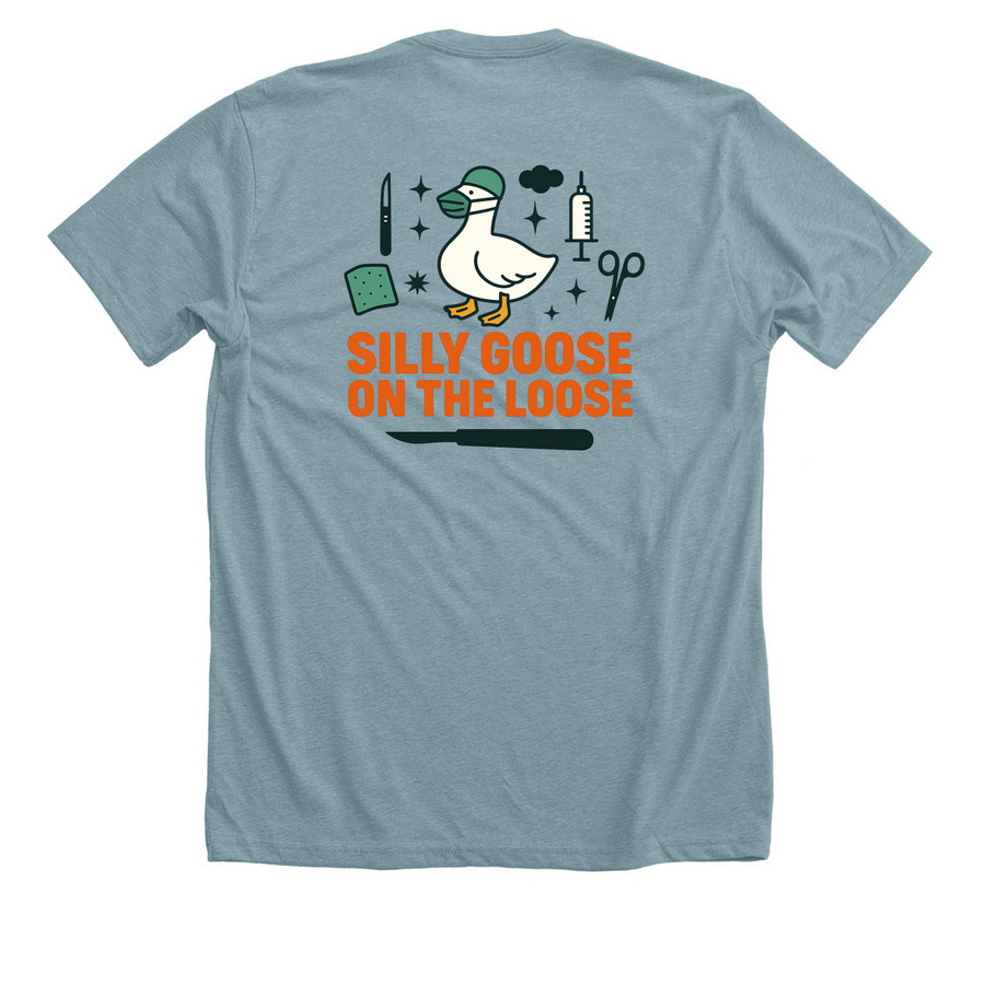 Silly Goose on the Loose, a Heather Blue Lagoon Premium Unisex Tee (back-view)