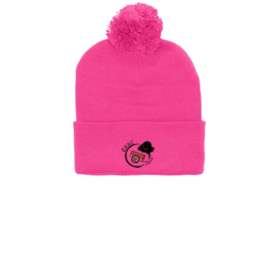 GRNC 2026 Draft Test Merch, a Neon Pink Printed Pom-Pom Beanie