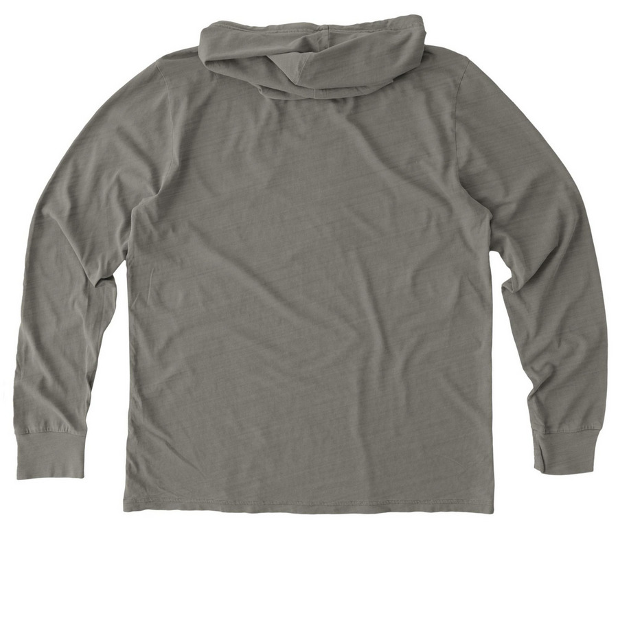 True Blue Michiganders- long sleeved, a Driftwood Grey Allmade Organic Cotton Mineral Dye Hoodie Tee (back-view)