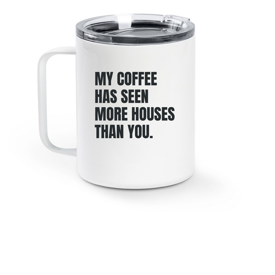 The Snarky Agent | Quick Showing Travel Mug, a White Stainless Steel Travel Mug (back-view)