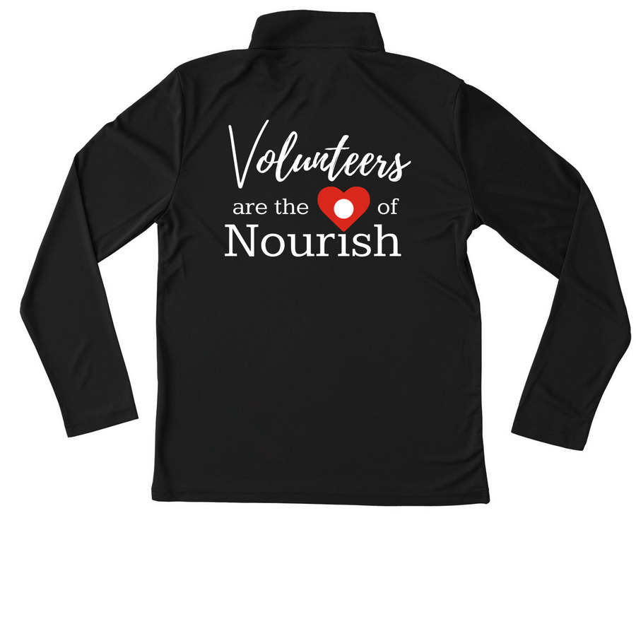 Volunteers are the Heart of Nourish (Dark), a Black Youth Performance Quarter Zip Pullover (back-view)