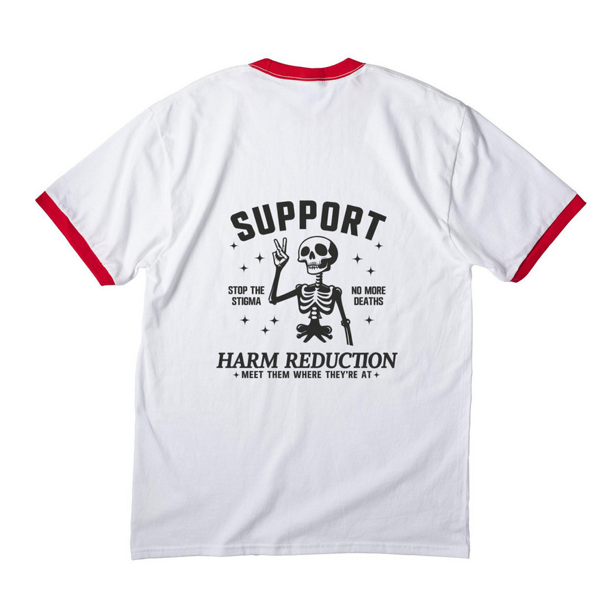 HARM REDUCTION SAVES LIVES, a White/ Red Cotton Ringer Tee (back-view)