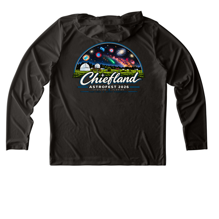 Chiefland Astrofest 2026 SUNSHIRTS, a Black UV Performance Long Sleeve Hoodie (back-view)