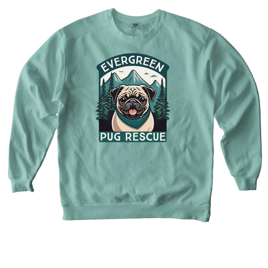 Evergreen Pug Rescue Logo Gear, a Seafoam Comfort Colors Crewneck Sweatshirt