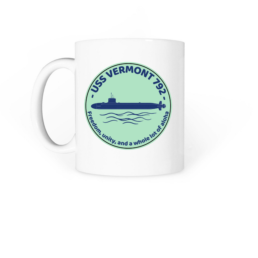USS Vermont Aloha Mug, a White Coffee Mug (back-view)