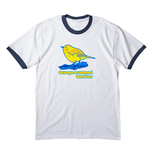 907 Birds |&nbsp; Orange-crowned Warbler, a White/ Navy Cotton Ringer Tee