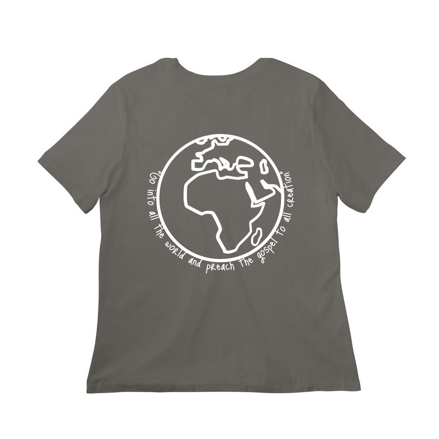 Go Into All the World, a Asphalt Women?s Relaxed Cotton Tee (back-view)