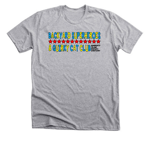 BACKYARD SUPERHEROES/QUIRKY CAT CLUB COLLAB 2, a Athletic Heather Premium Unisex Tee