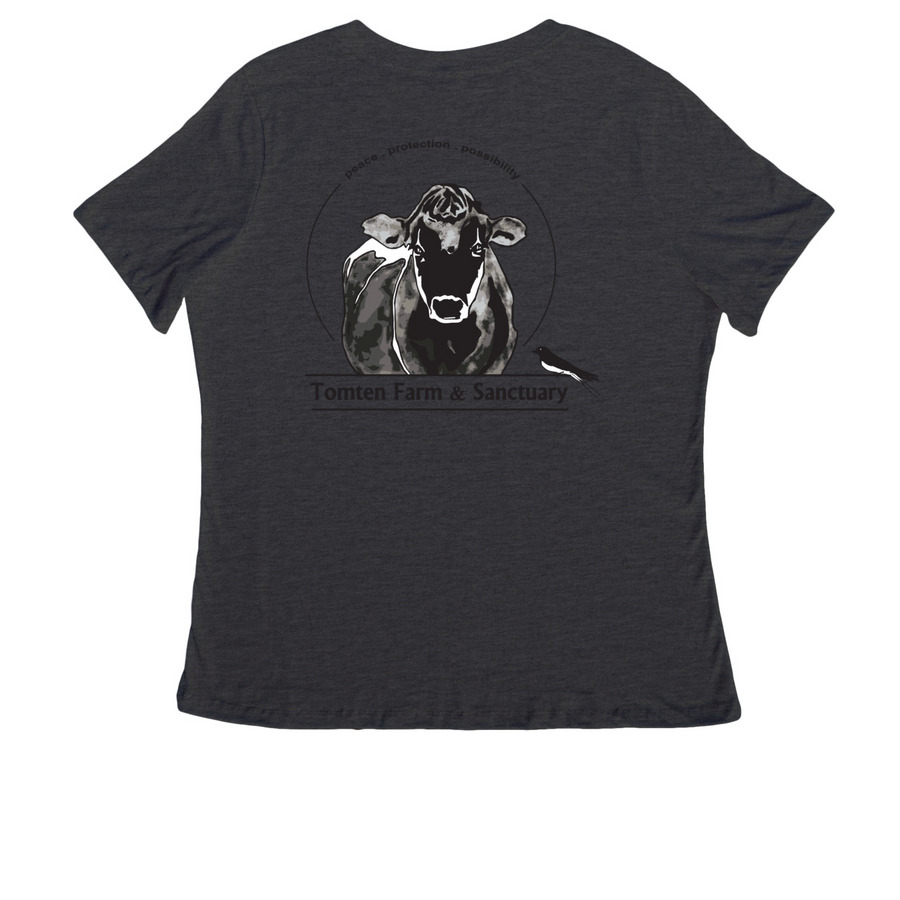 Greta GarMOO (original artwork), a Dark Grey Heather Women's Relaxed V-Neck Tee (back-view)
