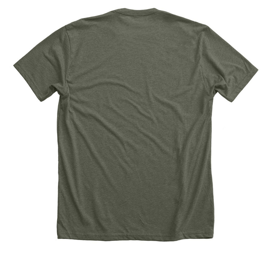Named for those who served, a Heather Military Green Premium Unisex Tee (back-view)