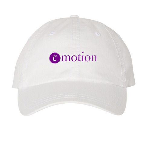 E-Motion Baseball Hat, a White Printed Pigment Dye Baseball Cap