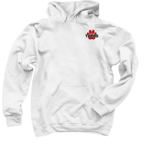 Red Tiger Paw & Black Tiger Analy Football, a White Pullover Hoodie