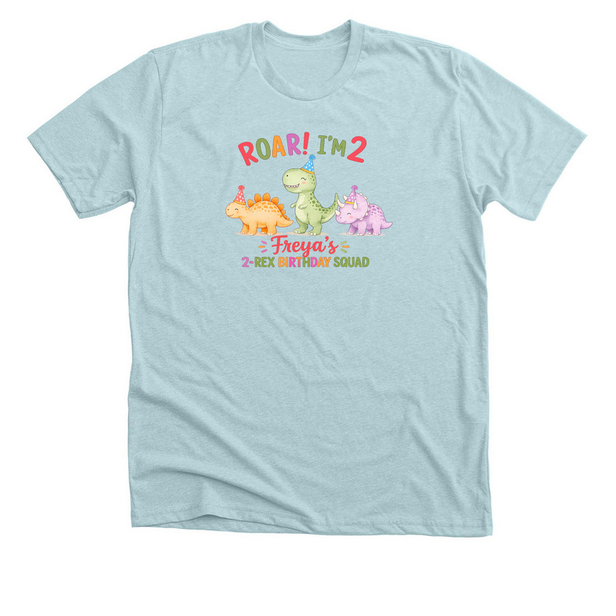 Freya's 2-Rex Birthday, a Heather Ice Blue Premium Unisex Tee