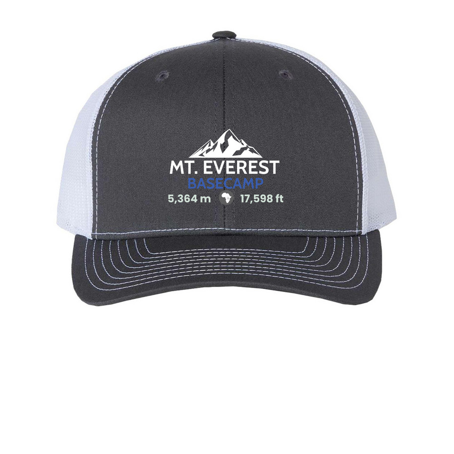Mt. Everest Basecamp Trek Trucker Hat, a Charcoal/ White Printed Snapback Trucker Cap