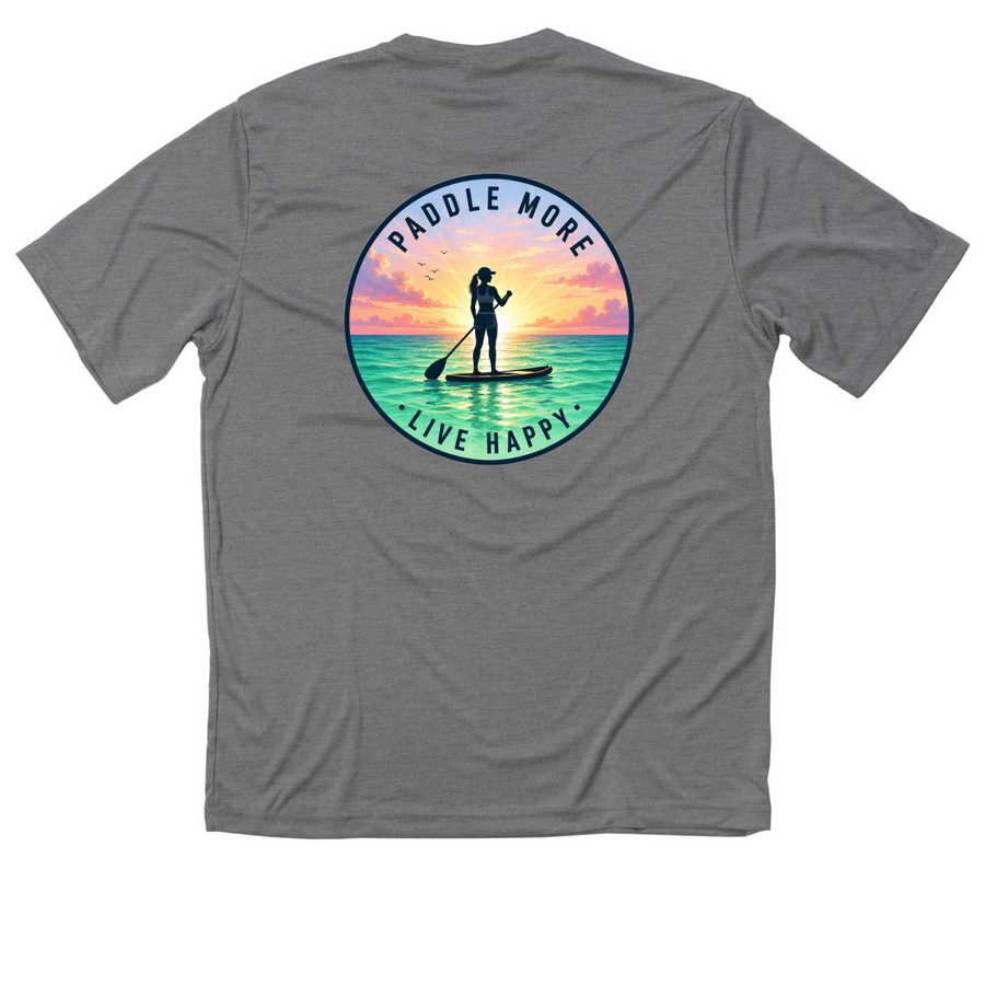 Sun Shirts Paddle More Live Happy, a Grey Concrete Heather Classic Performance Tee (back-view)