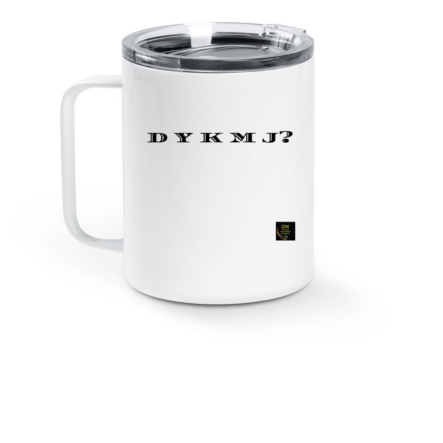 D Y K M J? TRAVEL MUG, a White Stainless Steel Travel Mug (back-view)