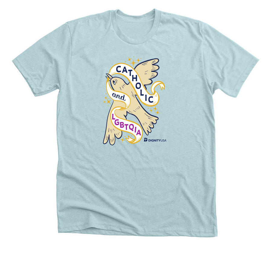 Pride 2026 Dove Design, a Heather Ice Blue Premium Unisex Tee
