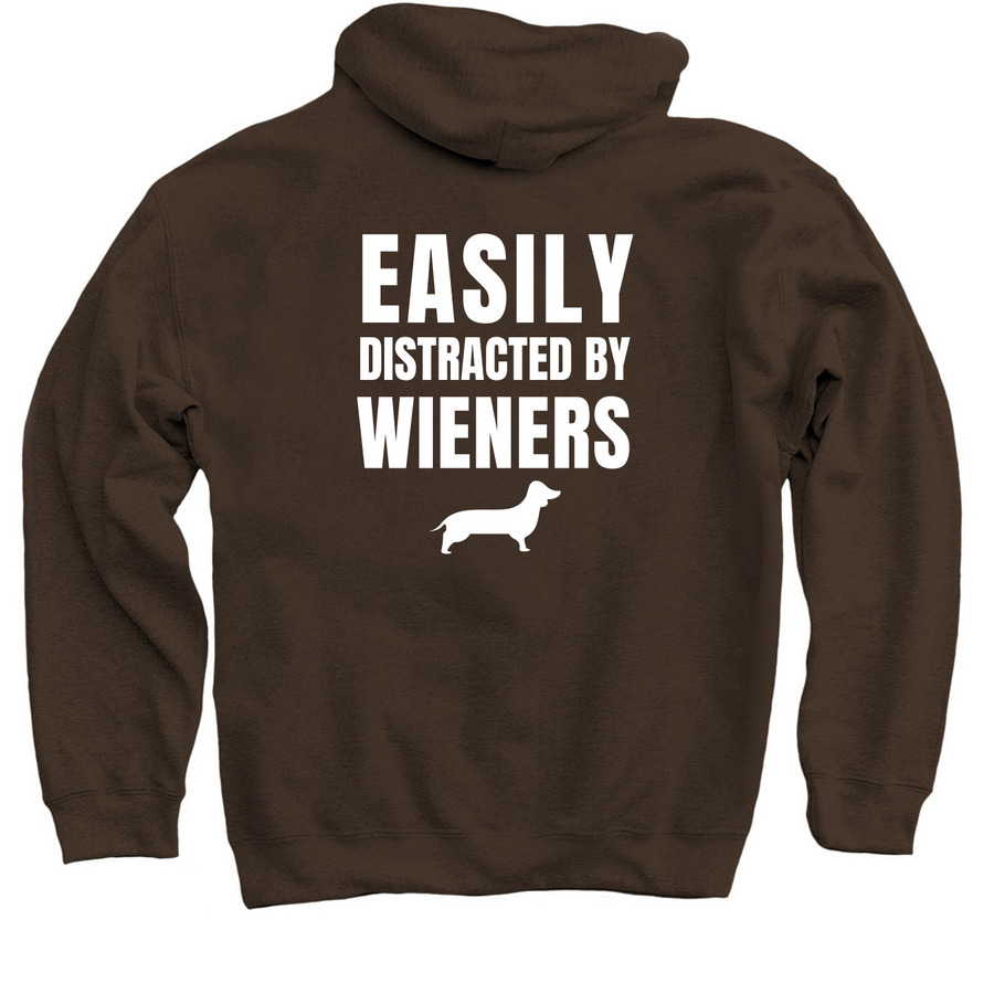 EASILY DISTRACTED BY WIENERS, a Dark Chocolate Pullover Hoodie (back-view)