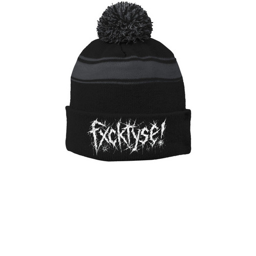 FXCKTYSE! PUFFBALL BEANIE, a Black/ Iron Grey Printed Stripe Pom-Pom Beanie