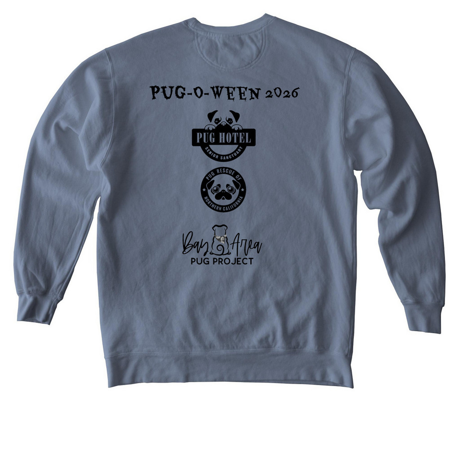 Pug-O-Ween 2026, a Blue Jean Comfort Colors Crewneck Sweatshirt (back-view)