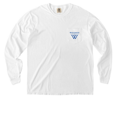 Wellesley College 150th Anniversary Shirt, a White Comfort Colors Long Sleeve Pocket Tee