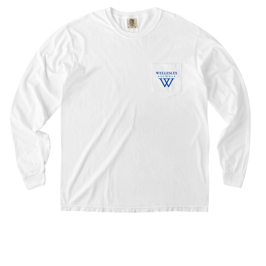 Wellesley College 150th Anniversary Shirt, a White Comfort Colors Long Sleeve Pocket Tee