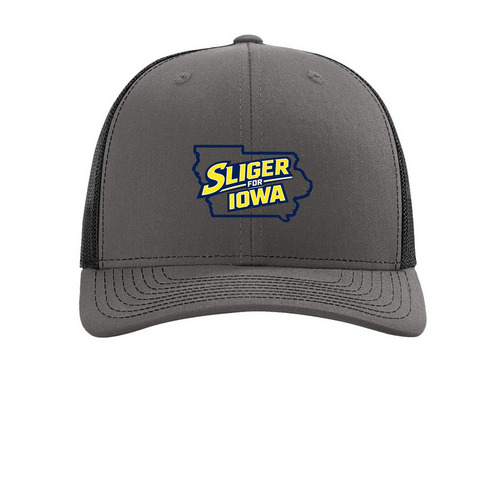 Sliger for Iowa, a Charcoal/ Black Printed Snapback Trucker Cap