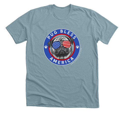 Pug Bless America, a Heather Blue Lagoon Premium Unisex Tee