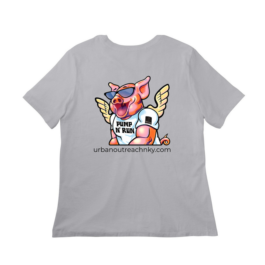 Urban Outreach/ Pump N Run on back, a Solid Athletic Grey Women?s Relaxed Cotton Tee (back-view)