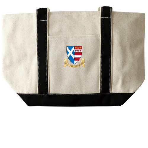 Saint Andrew's Tote - Shield + Motto, a Natural/Black Large Two-Tone Canvas Tote Bag