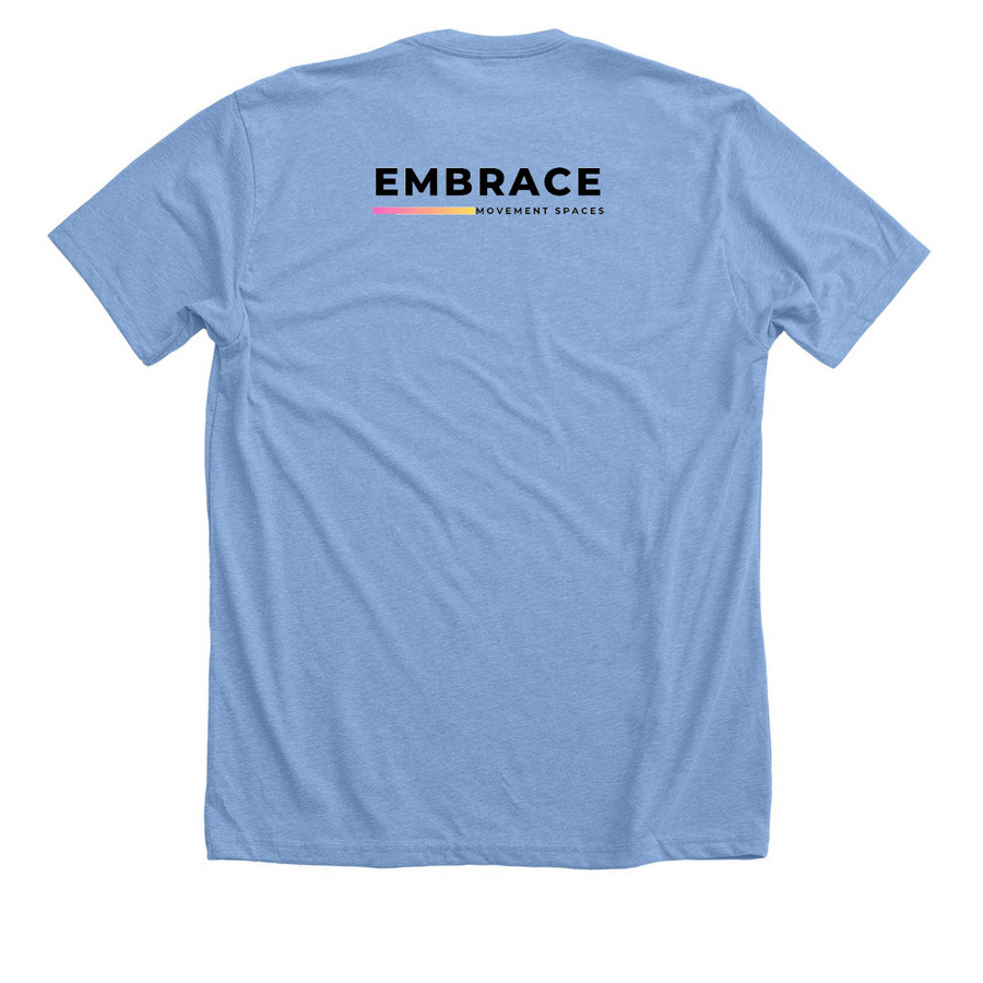 "Movement is for EVERYONE" (alt logo design), a Heather Carolina Blue Premium Unisex Tee (back-view)